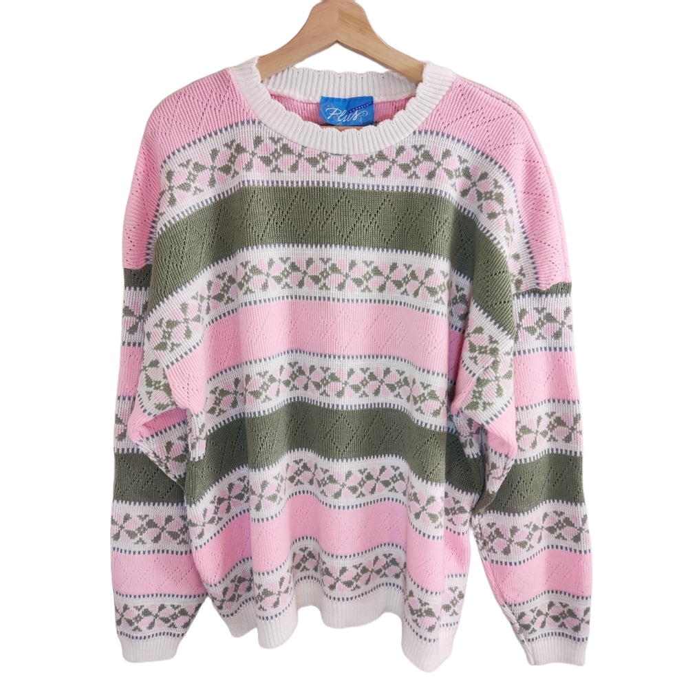 Vintage pink, grey stripe and patterned sweater